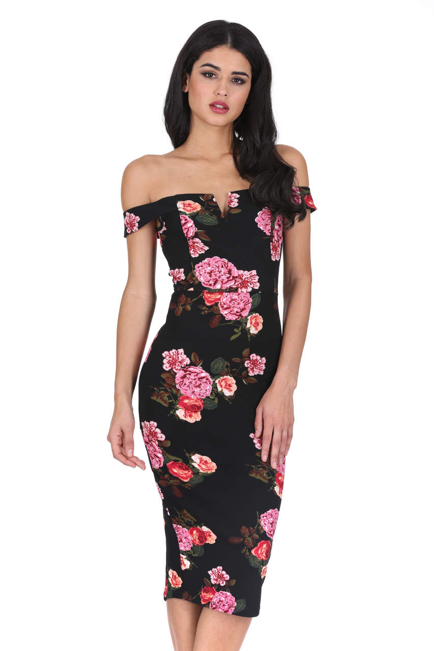 Kikodress - Black Notch Front Off The Shoulder Floral Midi Dress