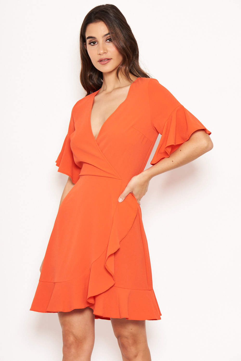 Kikodress - Orange Frill Detail Wrap Dress