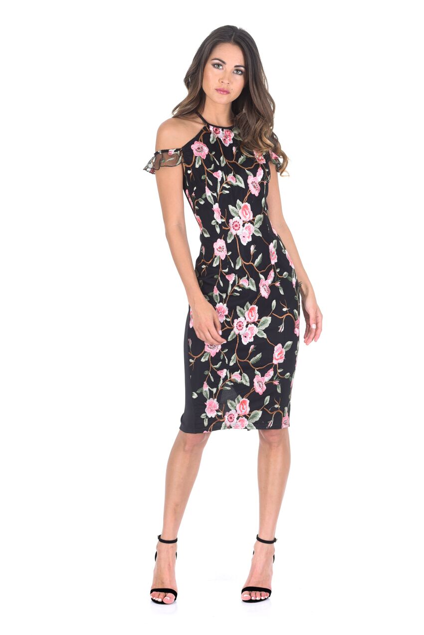 Kikodress - Embroidered Midi Dress with Frill Detail