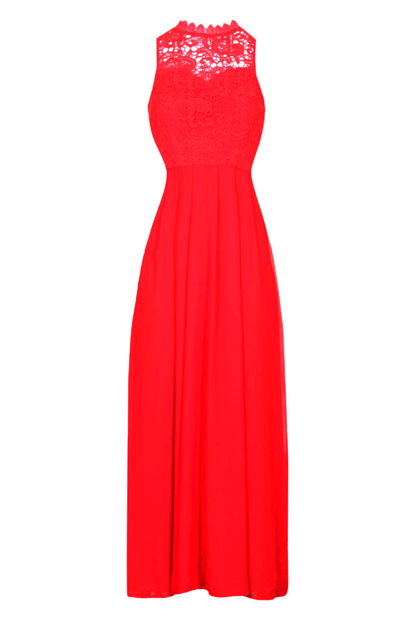 Kikodress - Red High Neck Crochet Maxi Dress