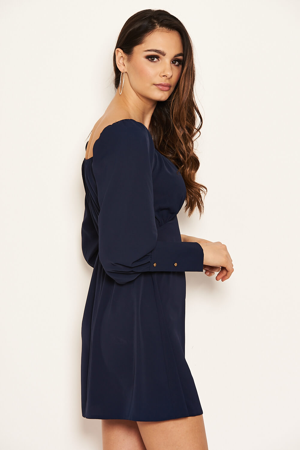 Kikodress - Navy Tie Neckline Long Sleeve Dress
