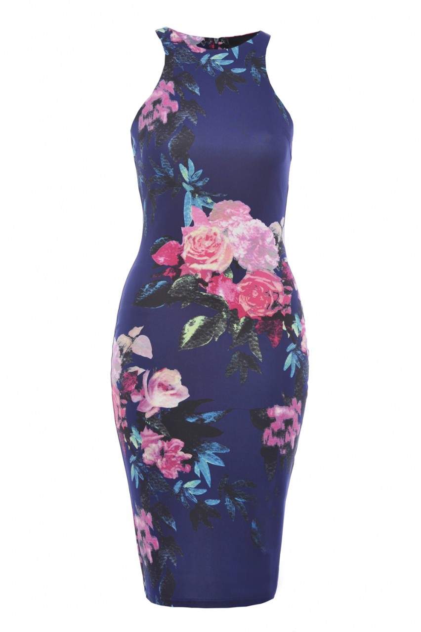 Kikodress - Cut In Detail Neck Floral Printed Midi Dress