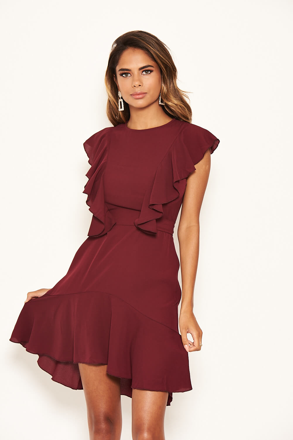Kikodress - Plum Wrap Frill Detail Dress