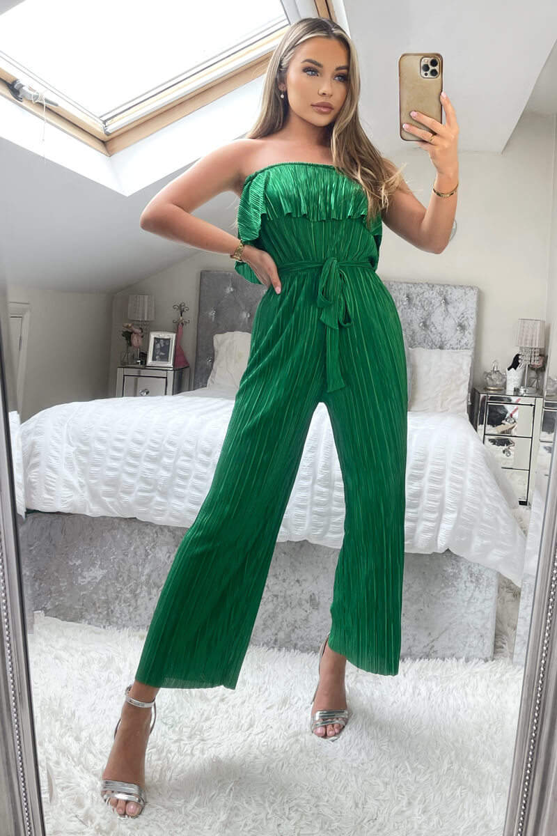Kikodress - Jade Green Plisse Bardot Jumpsuit