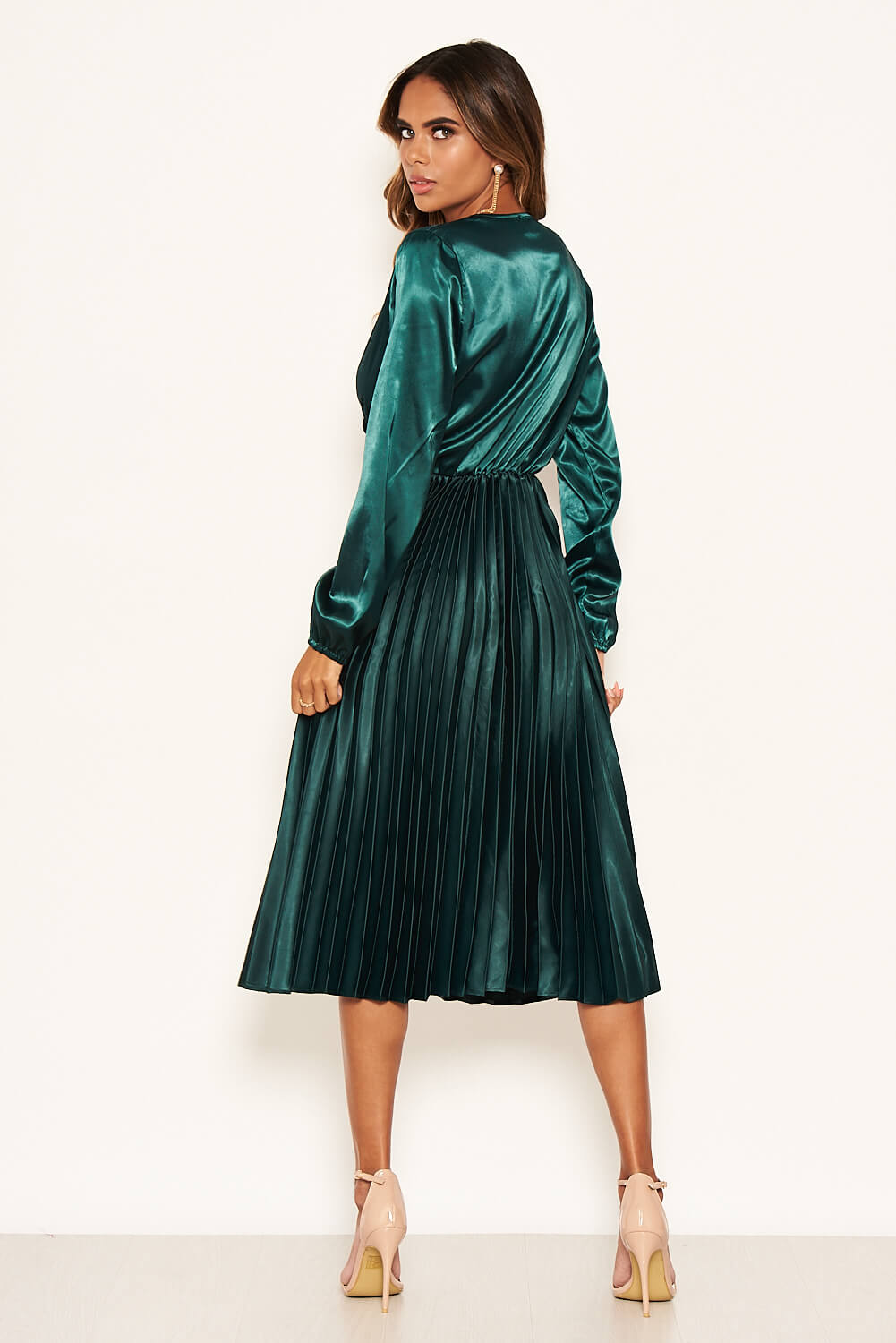 Kikodress - Teal Wrap Pleated Satin Dress