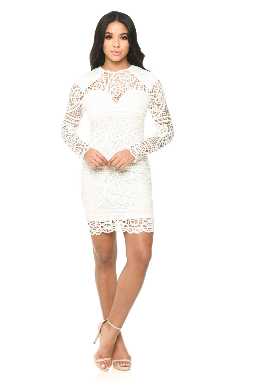 Kikodress - Cream Long Sleeved Crochet Bodycon