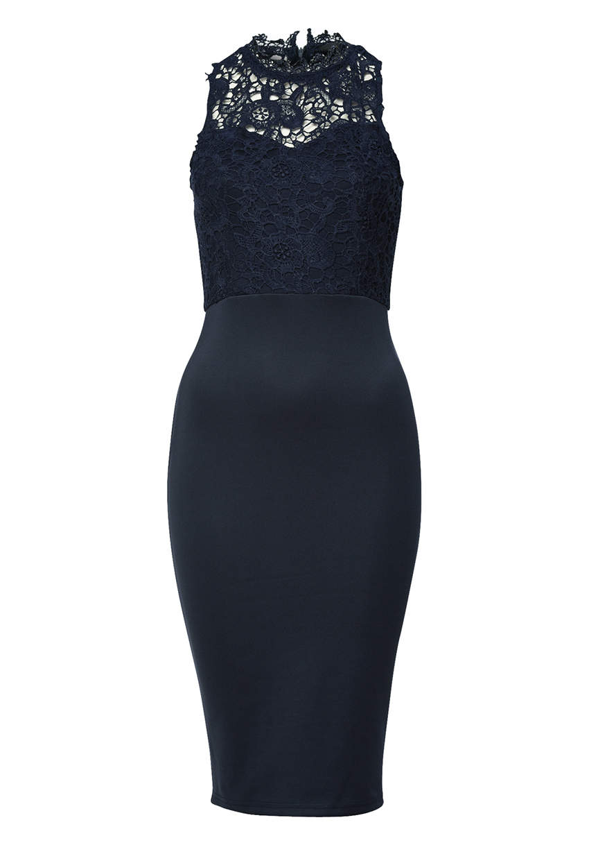 Kikodress - Navy Bodycon Midi Dress Crochet High Neck