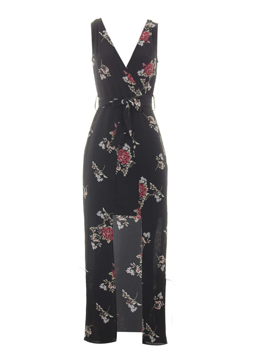 Kikodress - Black Floral V-Neck Wrap Skirt Dress