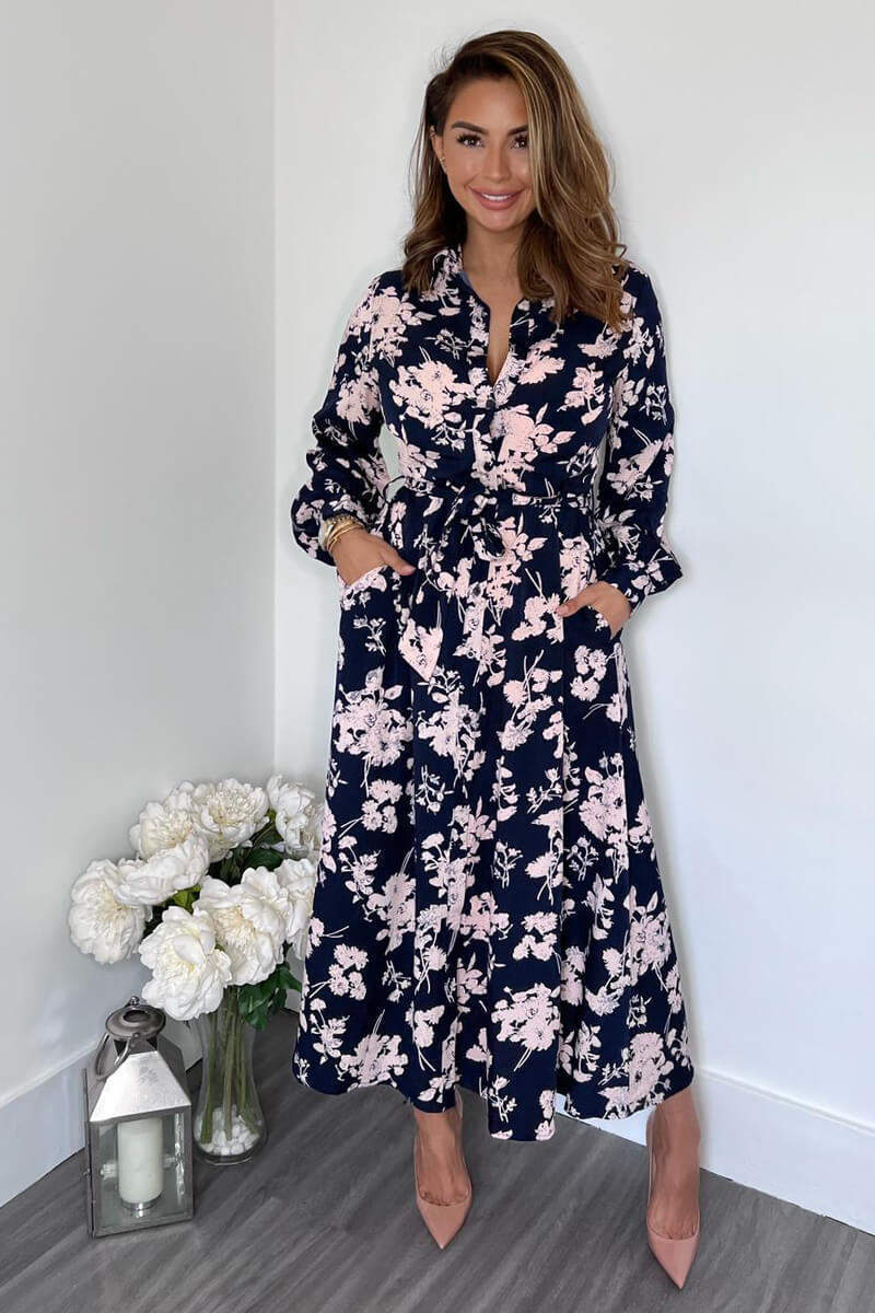 Kikodress - Navy And Pink Floral Button Up Midi Shirt Dress