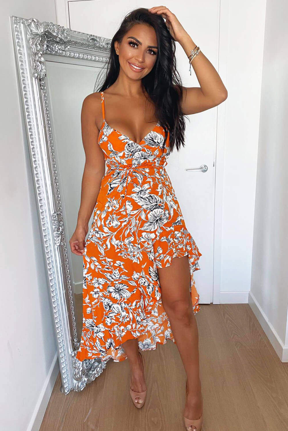 Kikodress - Orange Floral Frill Hem Dress with Tie Waist