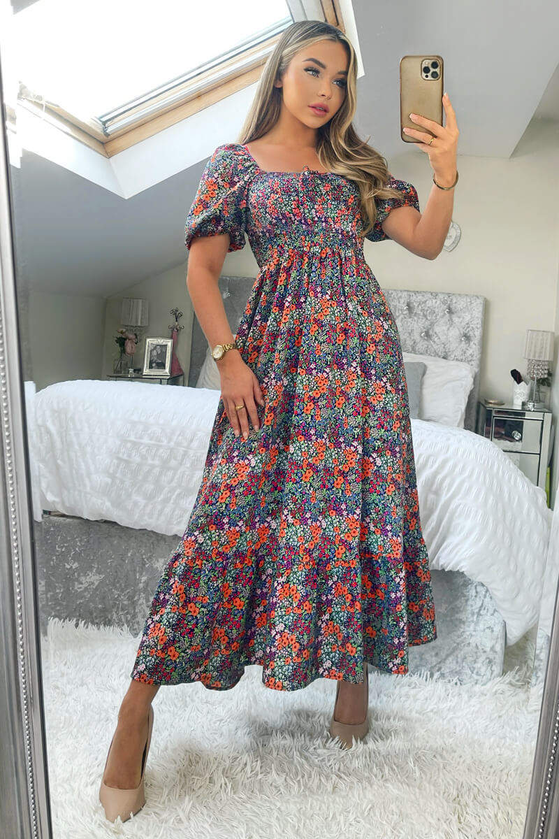 Kikodress - Navy And Orange Floral Printed Puff Sleeve Smock Dress