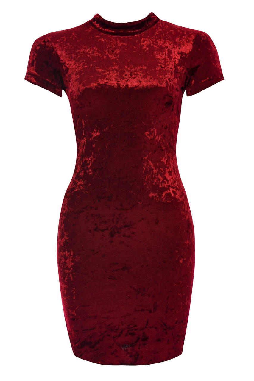 Kikodress - Red Velvet High Neck Bodycon  Dress