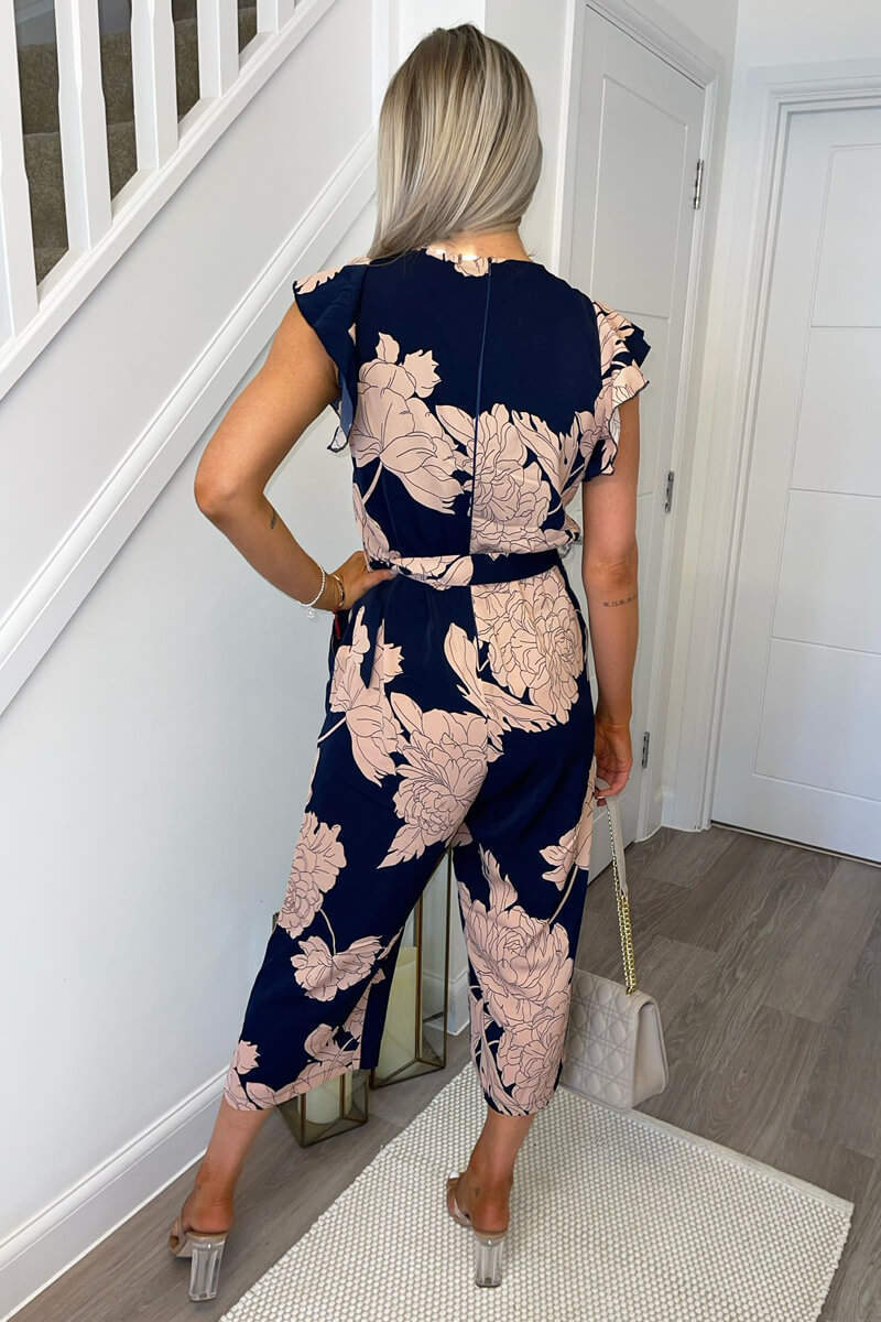 Kikodress - Navy And Blush Floral Wrap Front Belted Jumpsuit