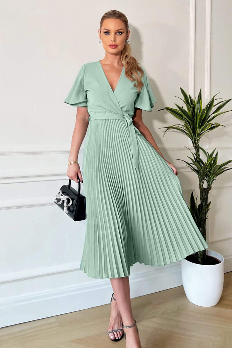 Kikodress - Duck Egg Pleated Midi Dress with Tie Waist