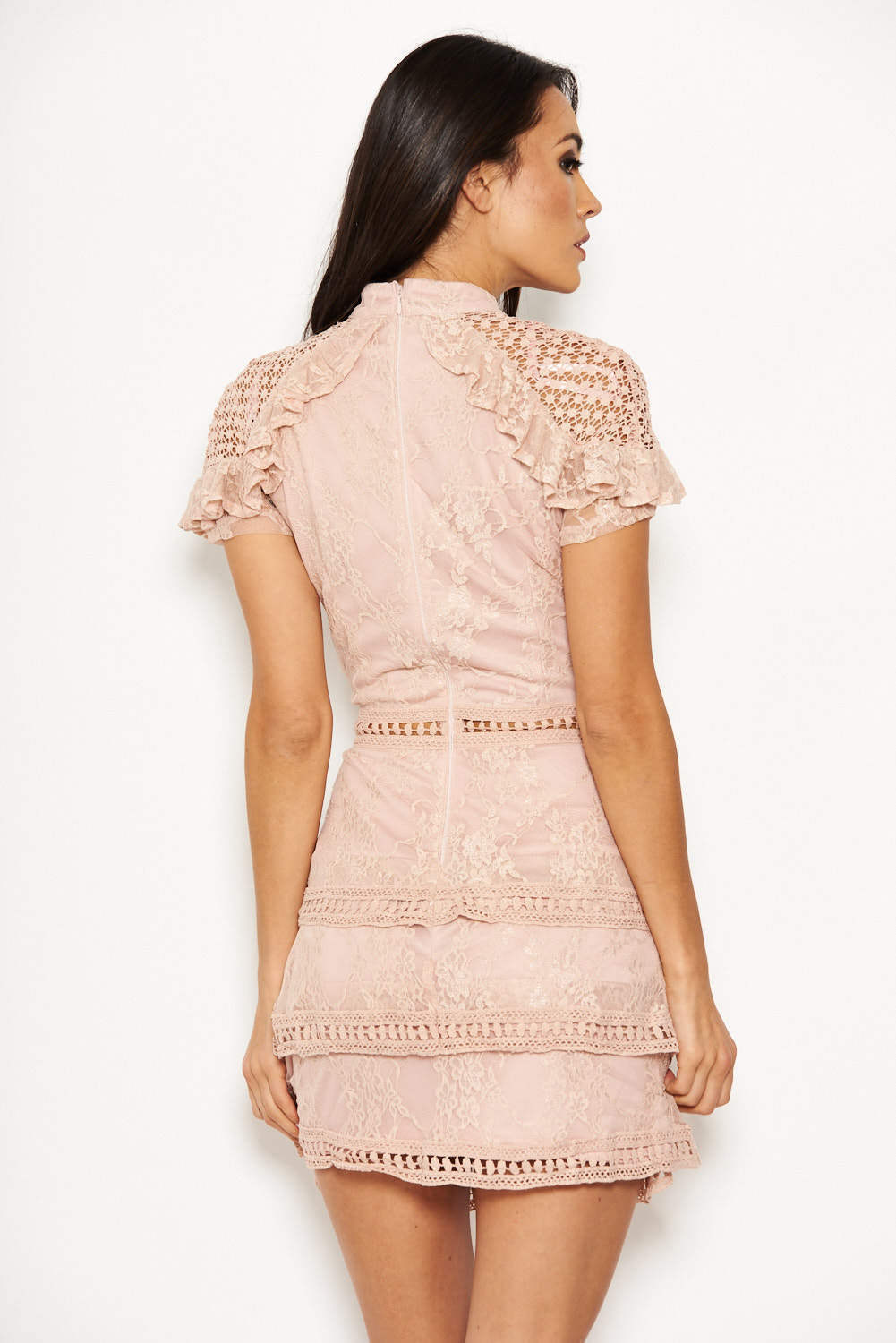 Kikodress - Nude High Neck Lace Layer Frill Mini Dress