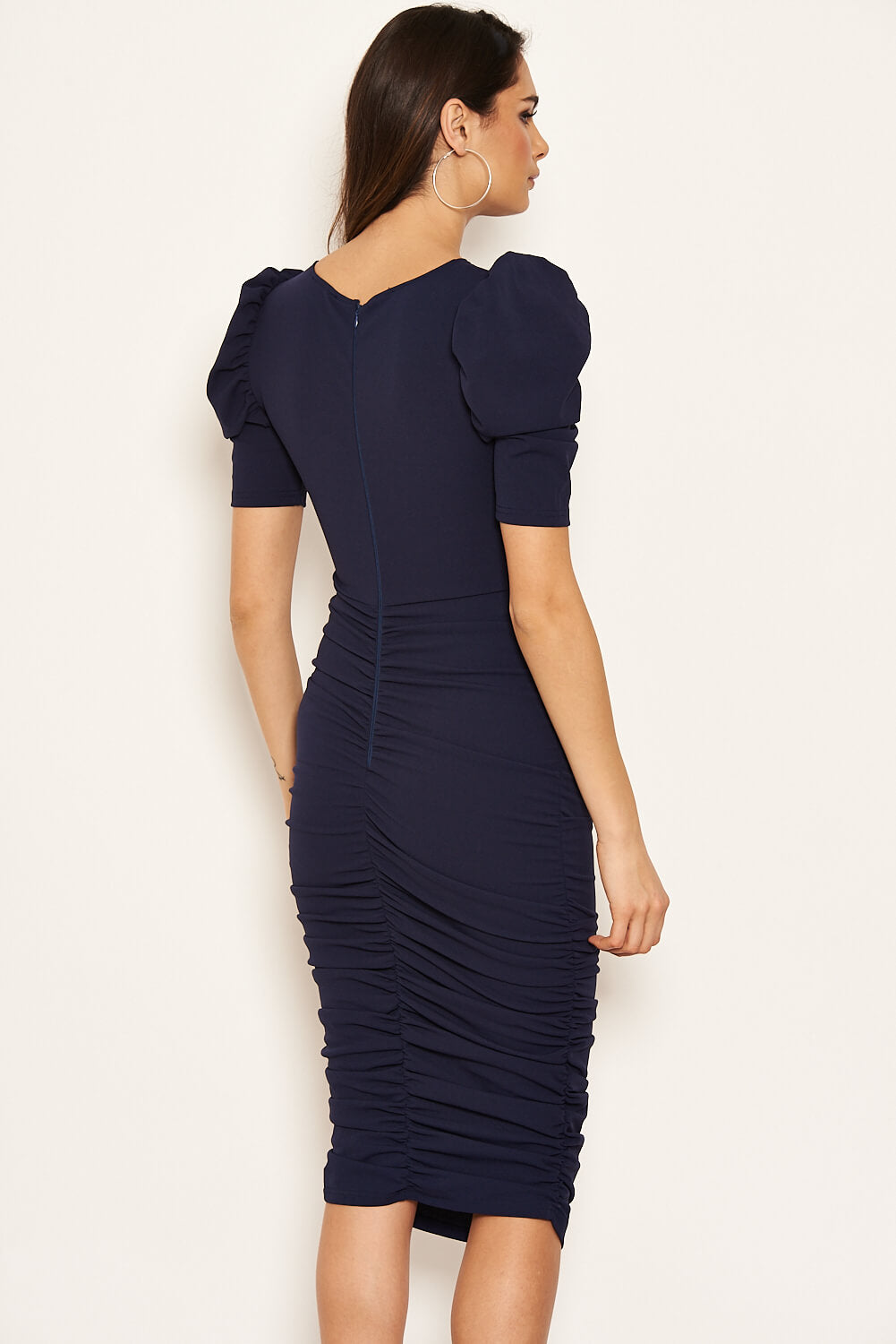 Kikodress - Navy Ruched Short Puff Sleeve Midi Dress