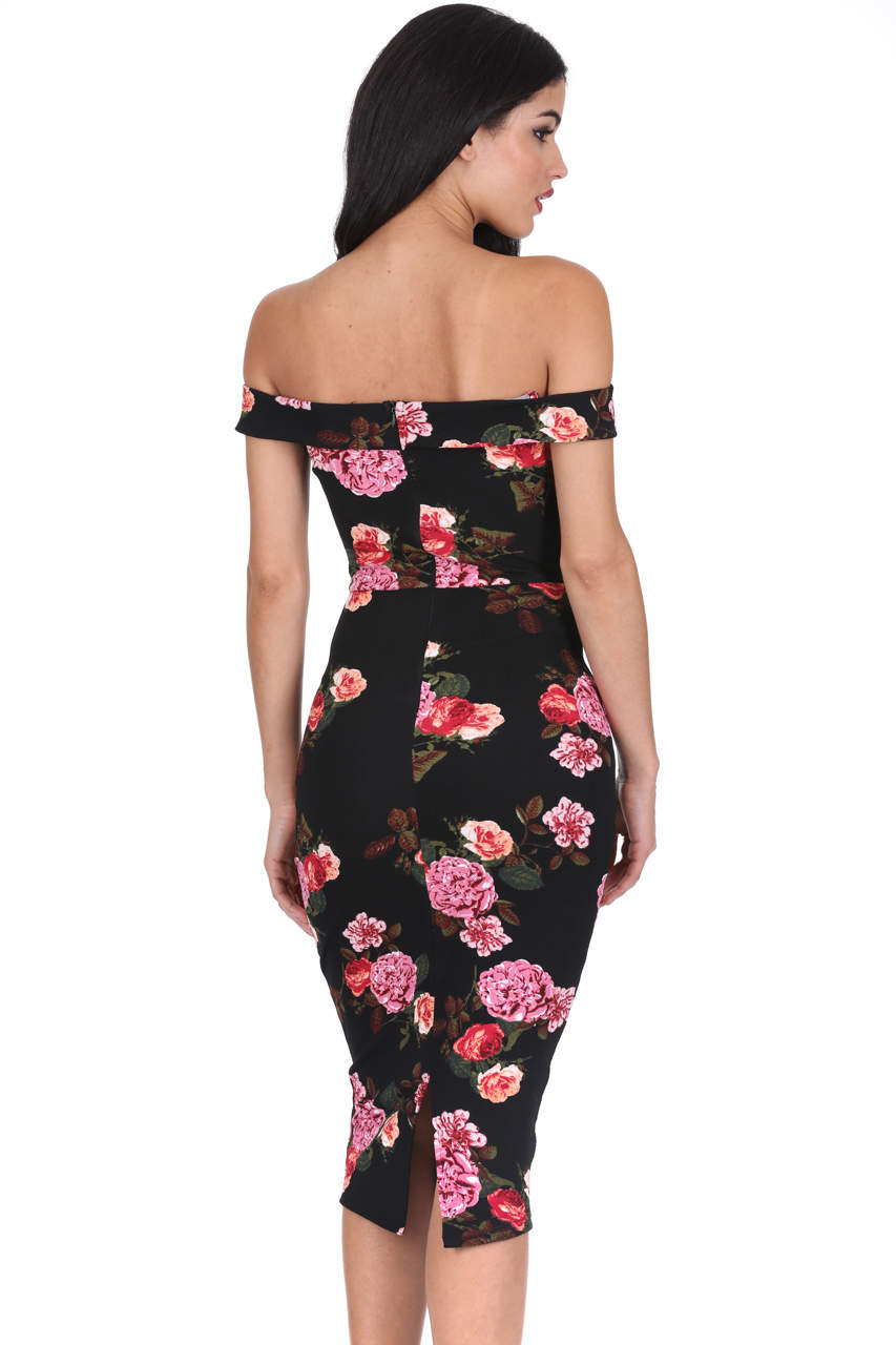 Kikodress - Black Notch Front Off The Shoulder Floral Midi Dress