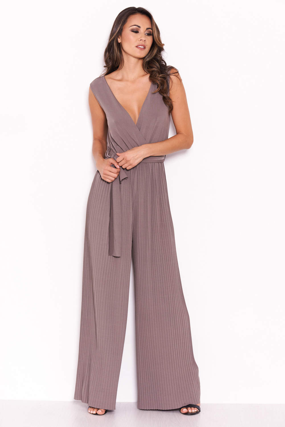 Kikodress - Grey Pleated Tie-Waist Jumpsuit