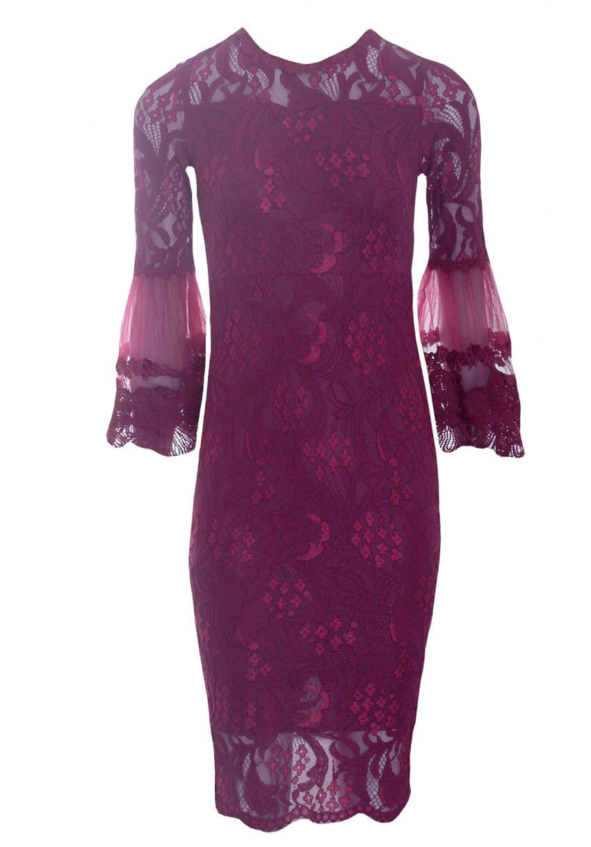 Kikodress - Plum Lace Frill Sleeve Midi Dress