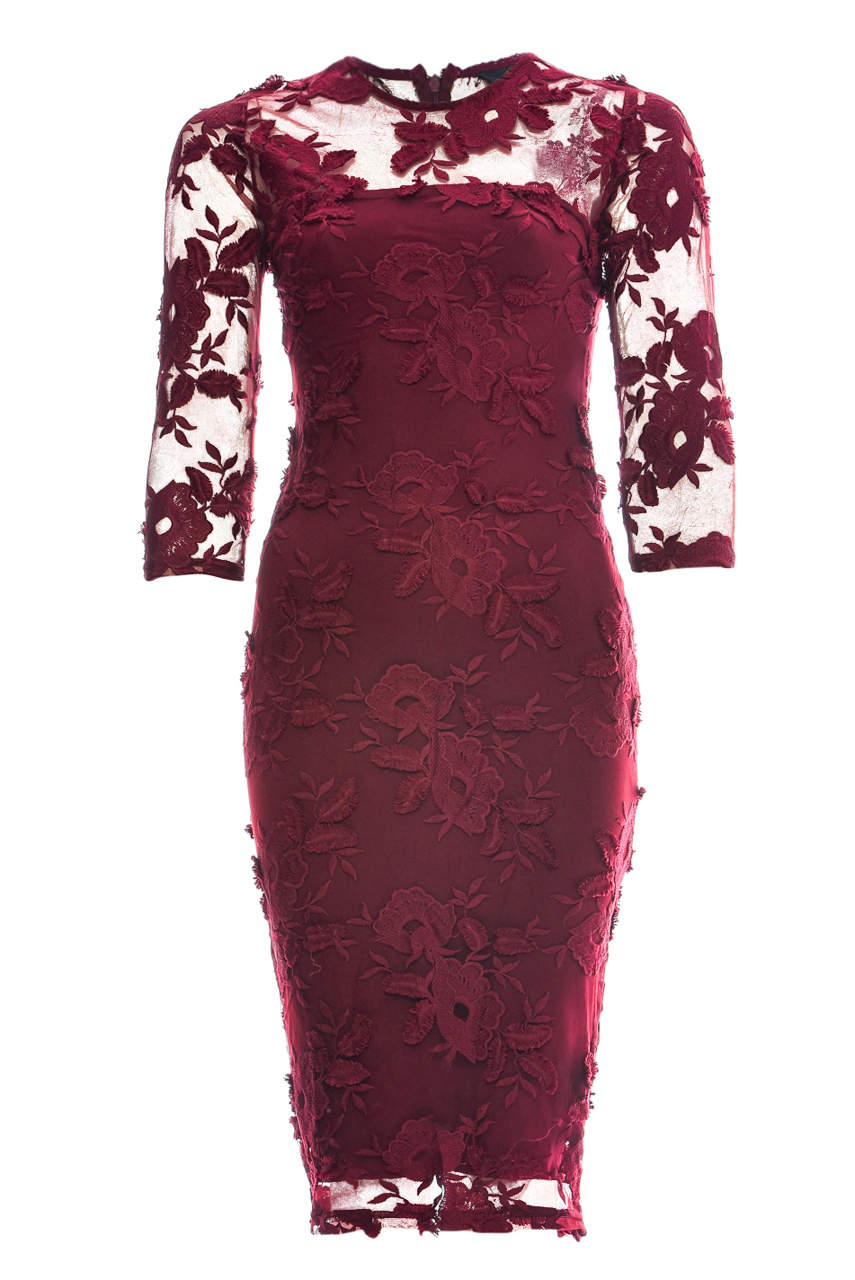 Kikodress - Wine Midi Floral Dress with Lace Detail