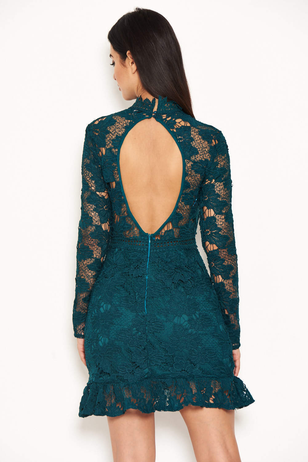 Kikodress - Teal Lace Dress With Frill Hem And Cut Out Back