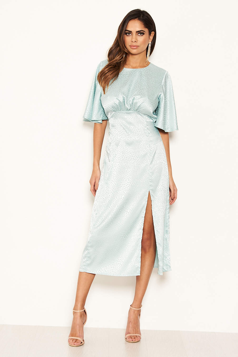 Kikodress - Blue Printed Satin Midi Dress