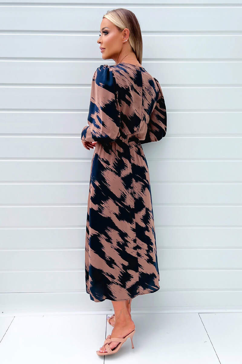 Kikodress - Brown And Navy Printed Long Sleeve Midi Dress