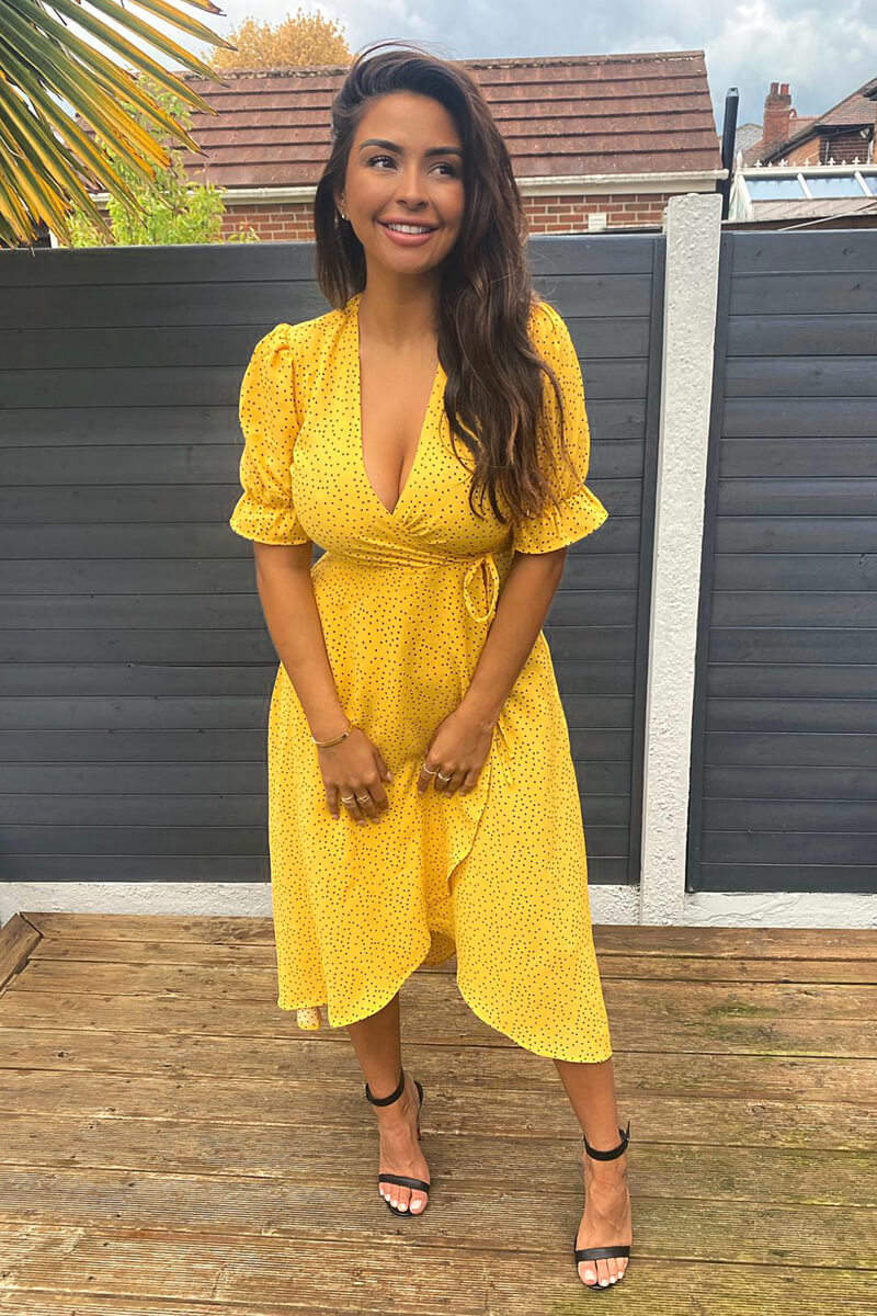 Kikodress - Yellow Polka Dot Wrap Midi Dress