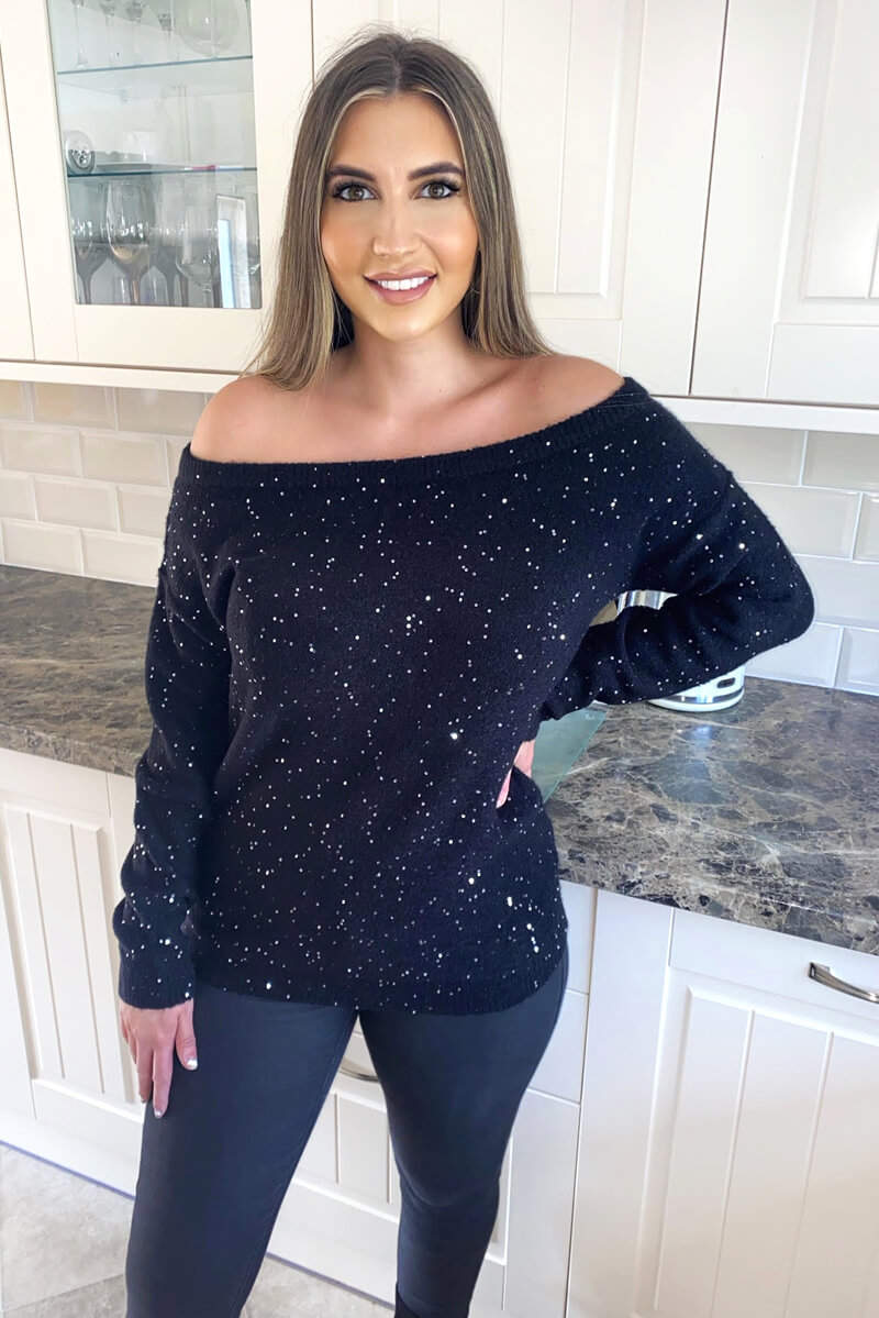 Kikodress - Black Sequin Off The Shoulder Knit Jumper