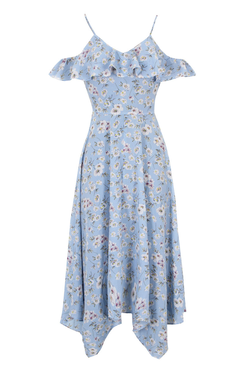 Kikodress - Blue Floral Cut Out Shoulder Dress
