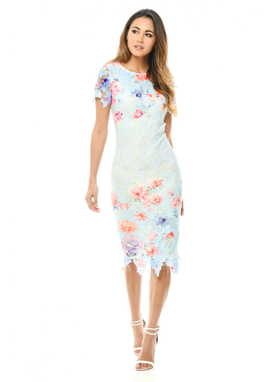 Kikodress - Blue Lace Printed Midi Dress