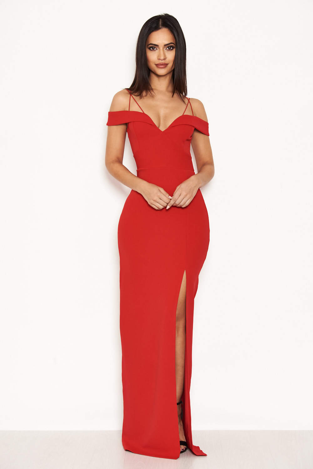 Kikodress - Red Strappy Off The Shoulder Side Split Maxi Dress