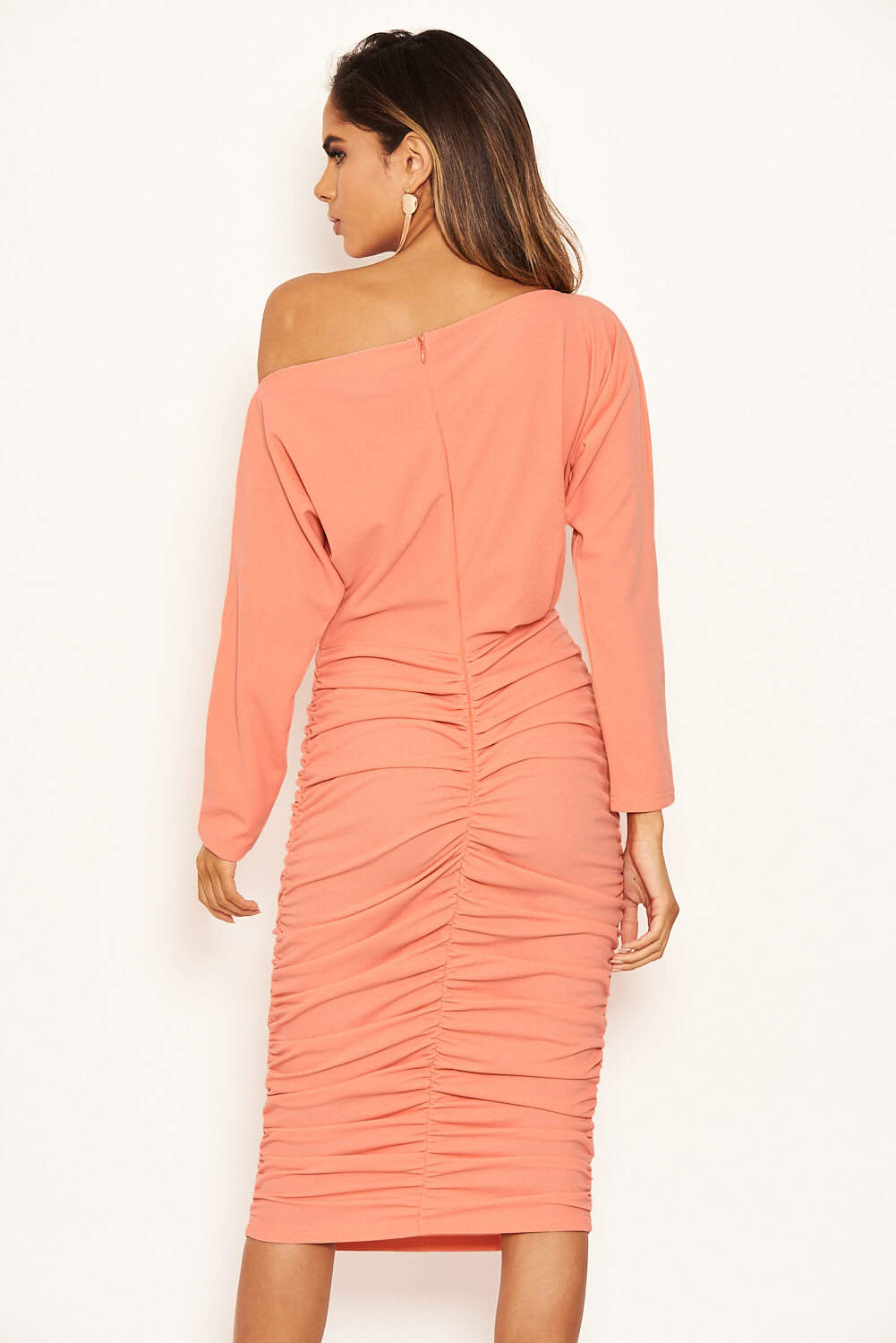 Kikodress - Peach Off Shoulder Ruched Dress