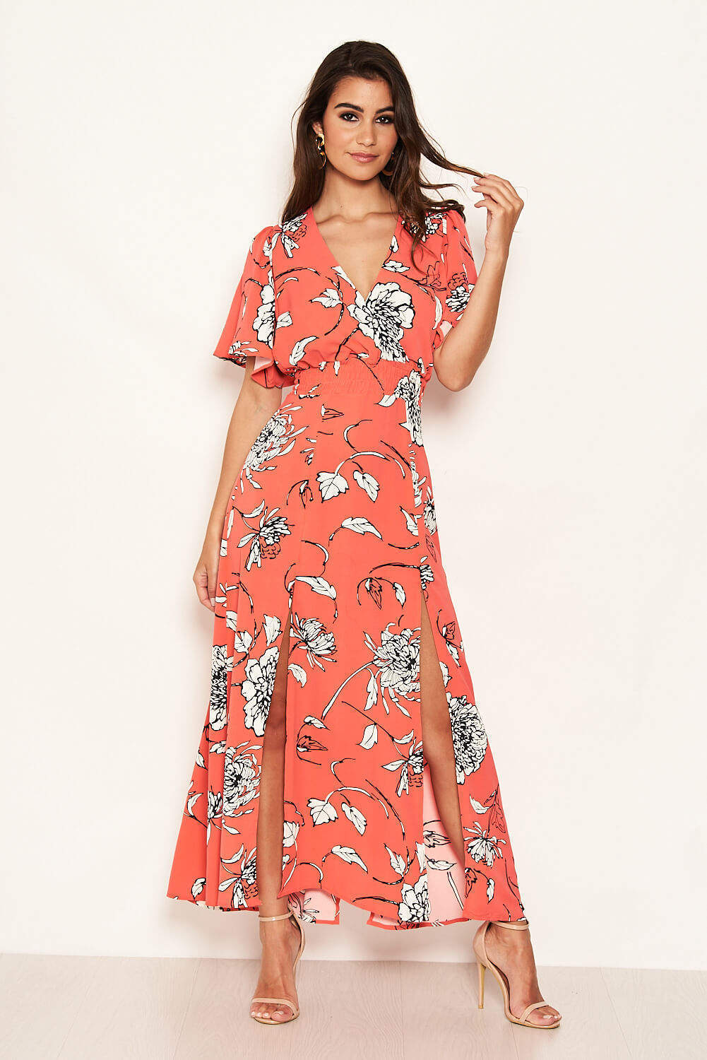Kikodress - Coral Bell Sleeve V-neck Dress