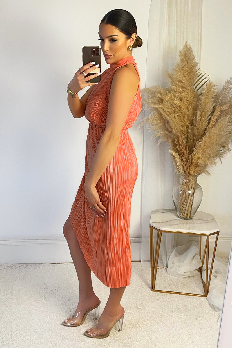 Kikodress - Peach Halter Neck Plisse Gathered Midi Dress