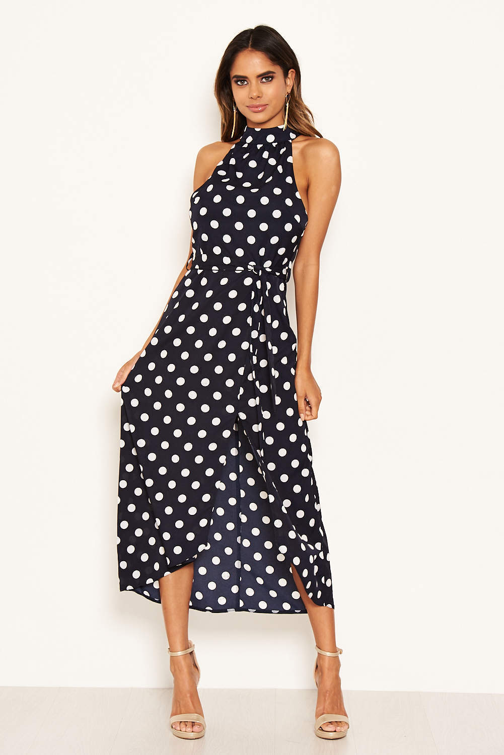 Kikodress - Navy Polka Dot High Neck Slit Front Dress