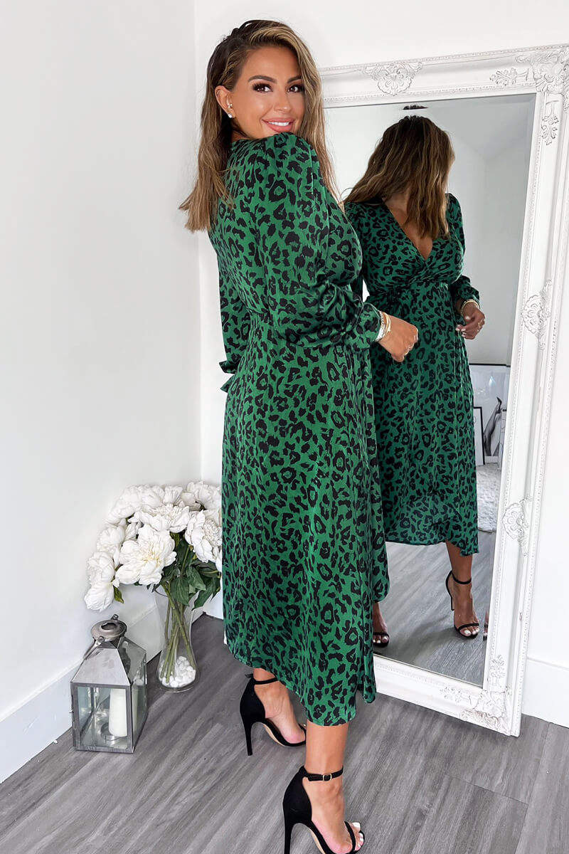 Kikodress - Green And Black Animal Printed Wrap Over Midi Dress