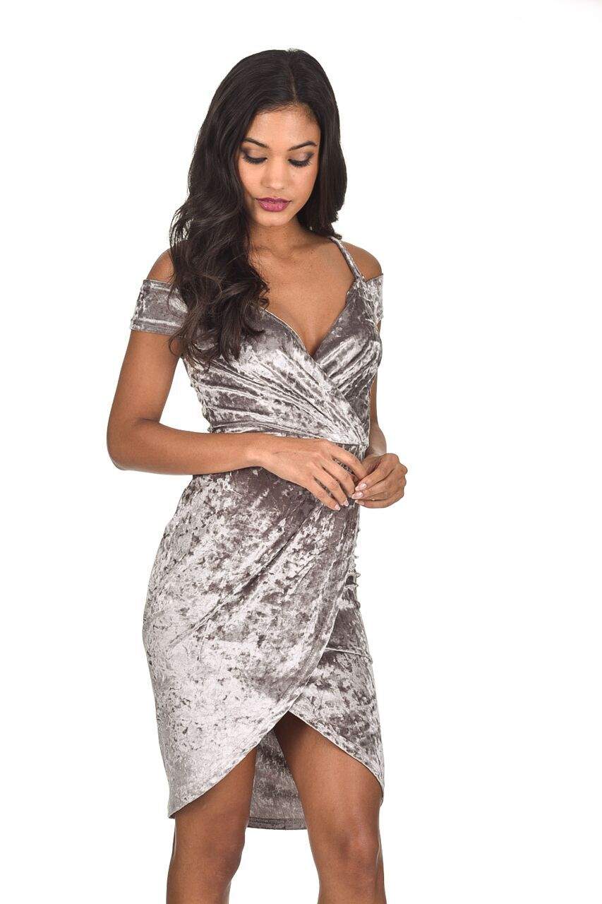 Kikodress - Grey Crushed Velvet Wrap Dress