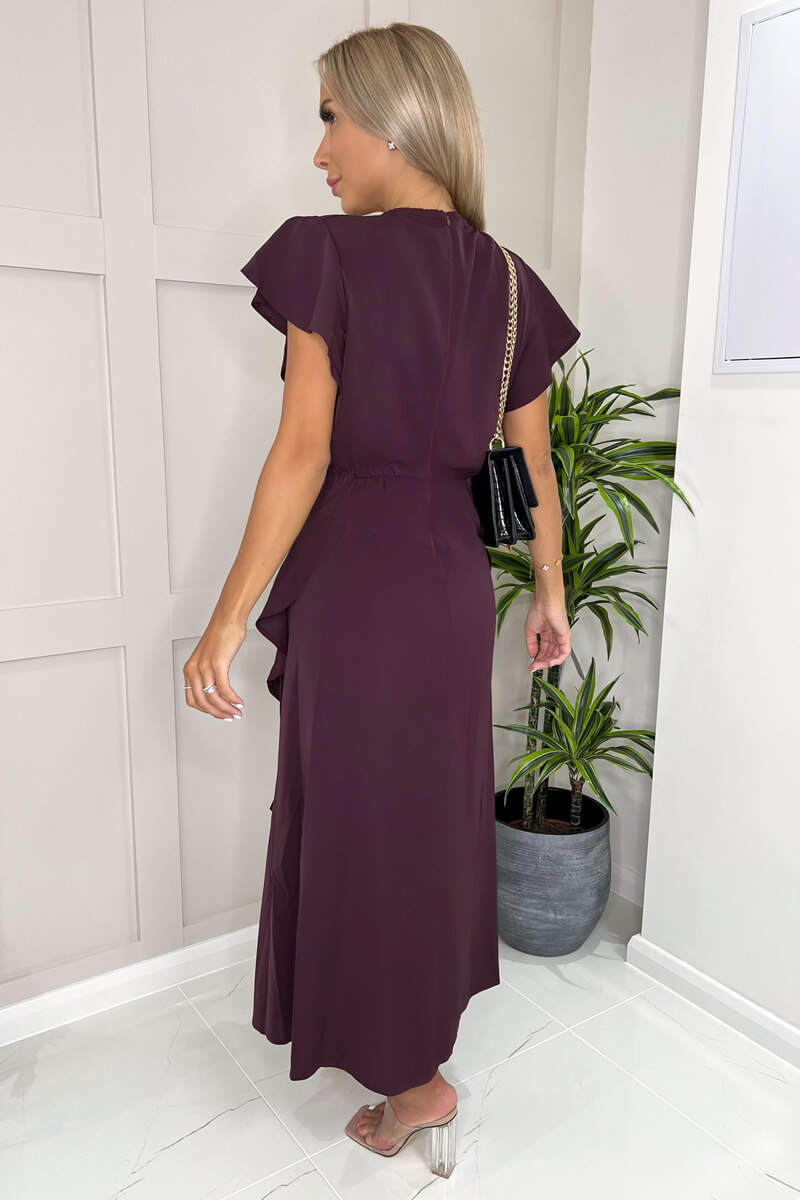 Kikodress - Plum Frill Detail Double Split Skirt Midi Dress