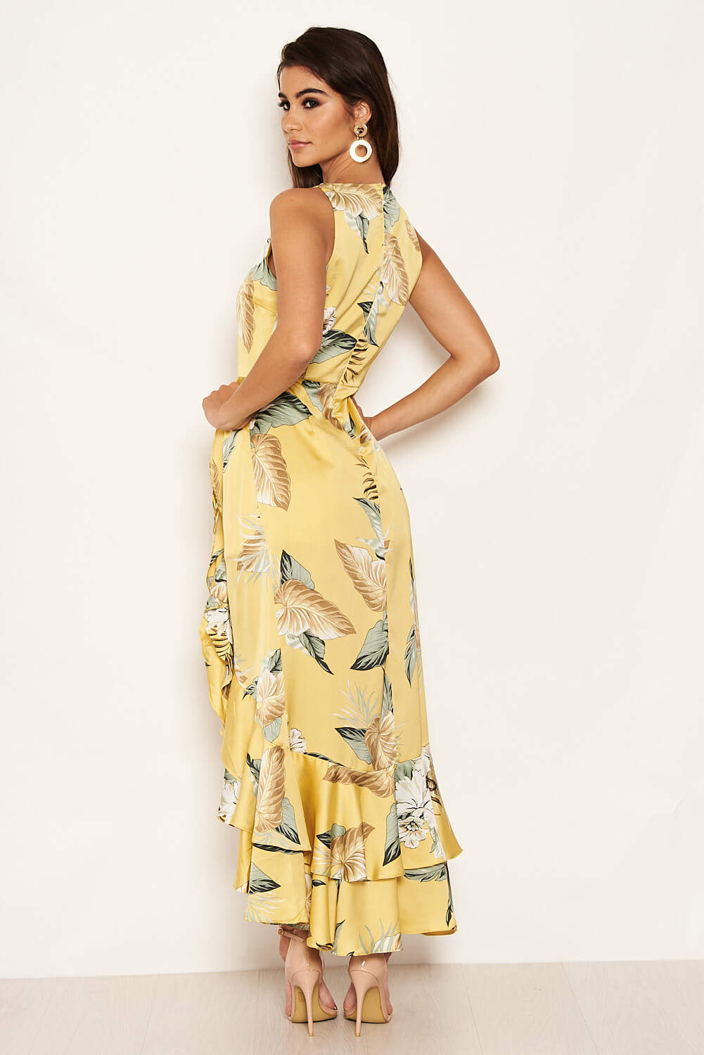 Kikodress - Yellow Frilled Floral Midi Dress with Side Slip