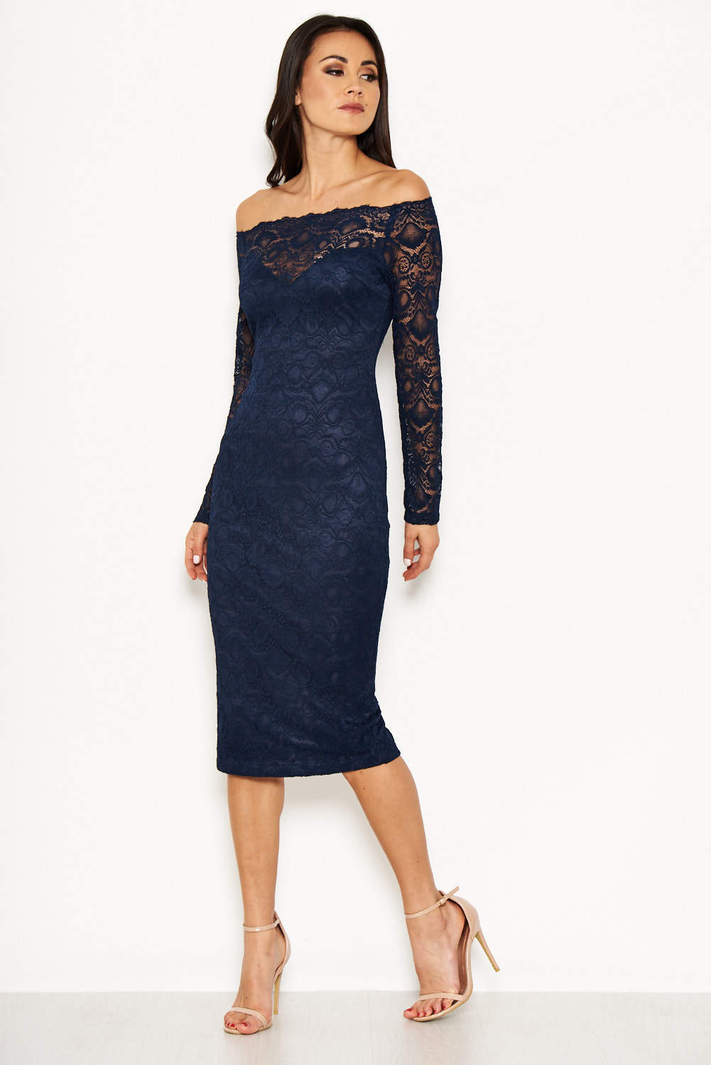 Kikodress - Navy Lace Off The Shoulder Midi Dress