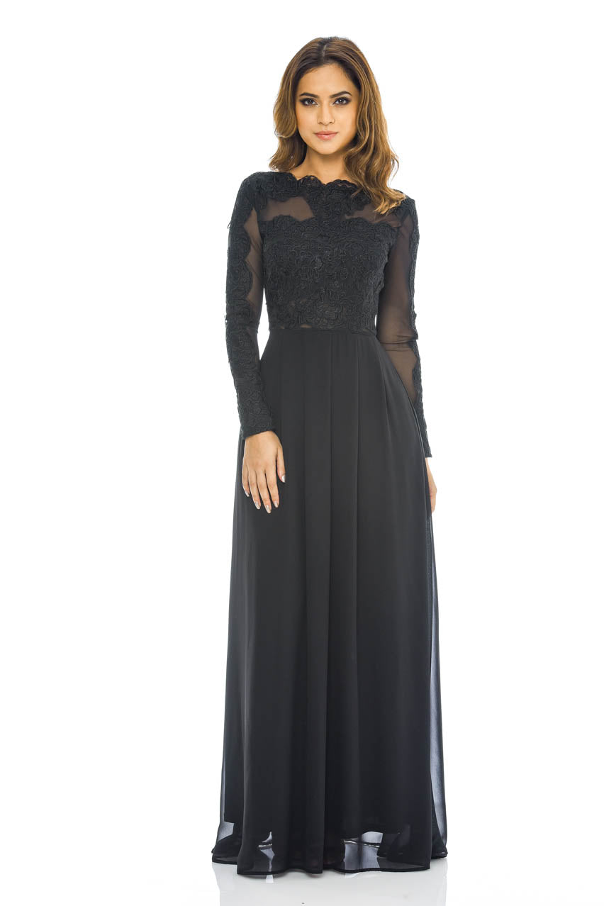 Kikodress - Black Long  Sleeved   Lace  Maxi Dress