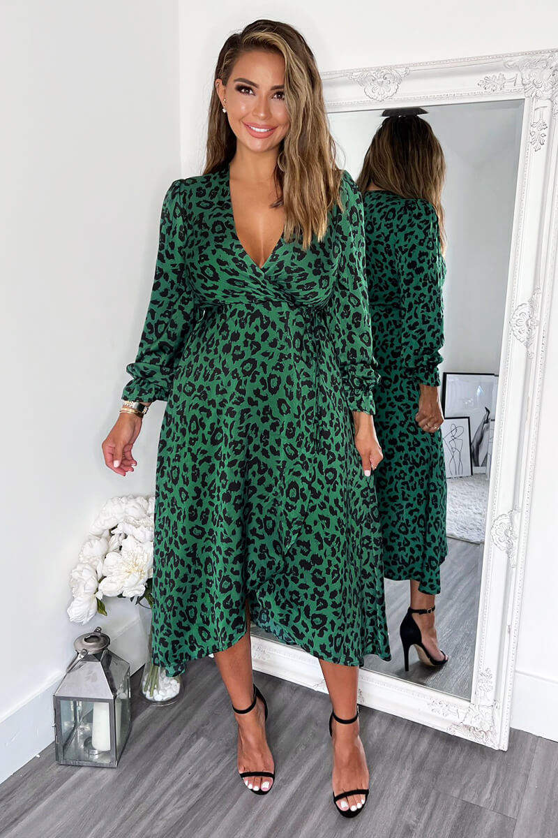 Kikodress - Green And Black Animal Printed Wrap Over Midi Dress