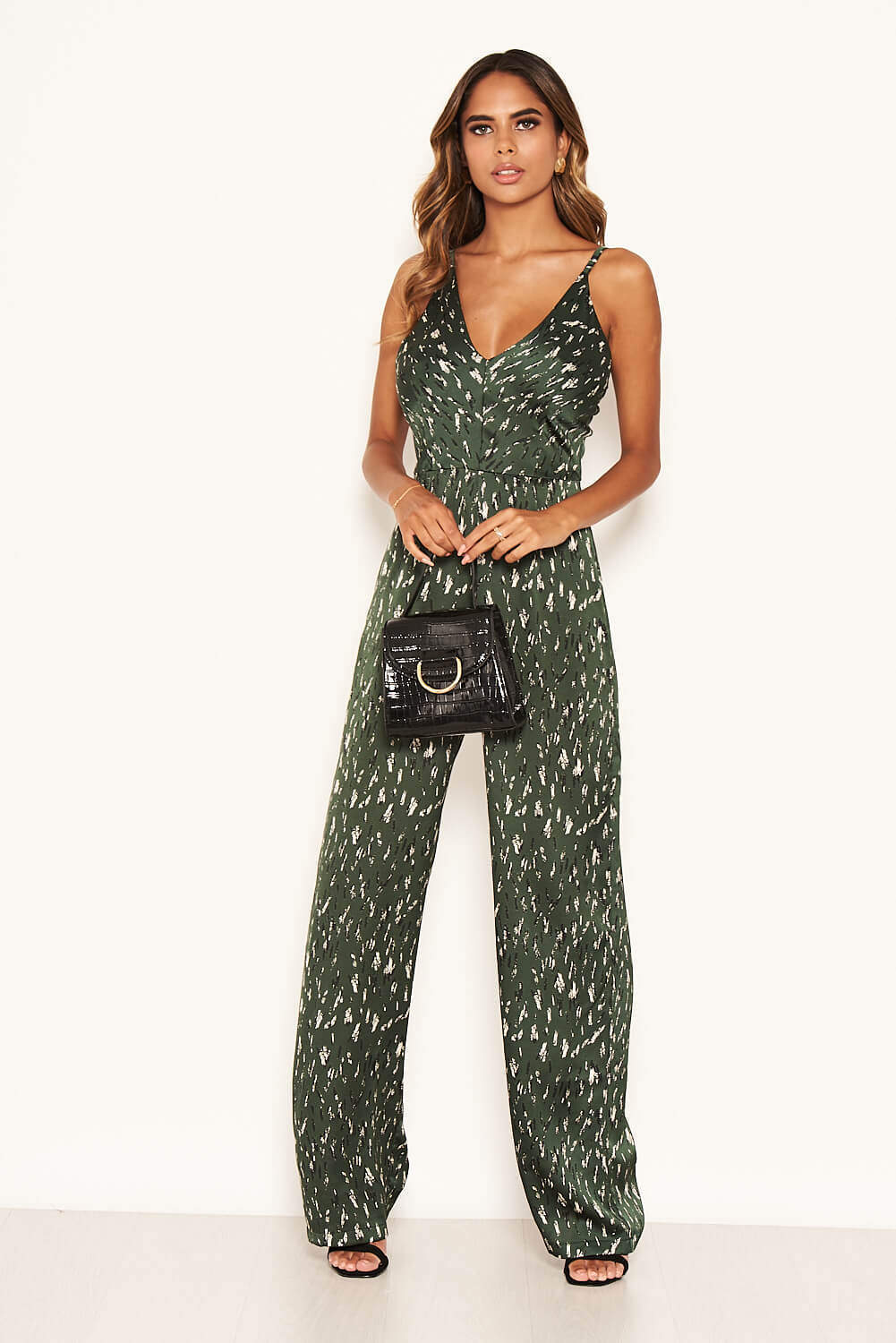 Kikodress - Green Printed Satin Wide Leg Jumpsuit