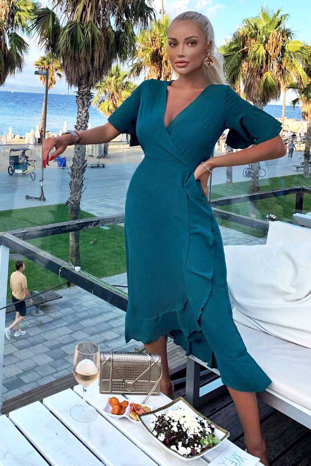 Kikodress - Teal Midi Dress With Frill Hem And Sleeves