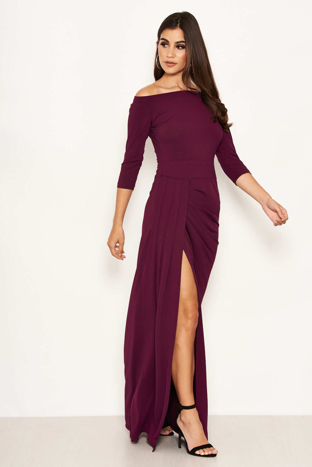 Kikodress - Plum Off The Shoulder Slit Maxi Dress