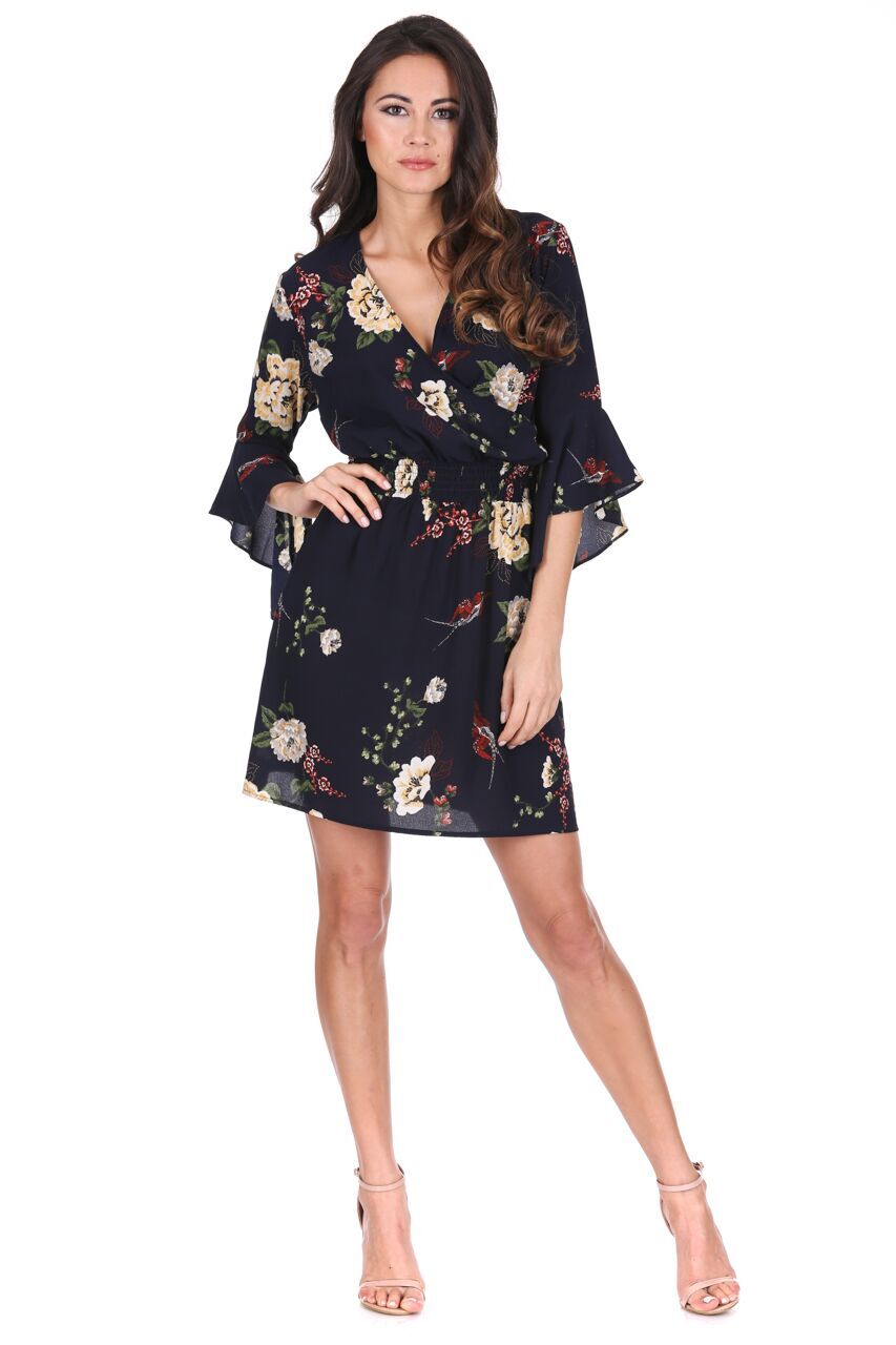 Kikodress - Navy Floral Elasticated Waist Dress