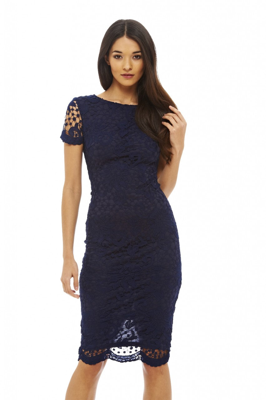 Kikodress - Navy Crochet Lace Midi Dress