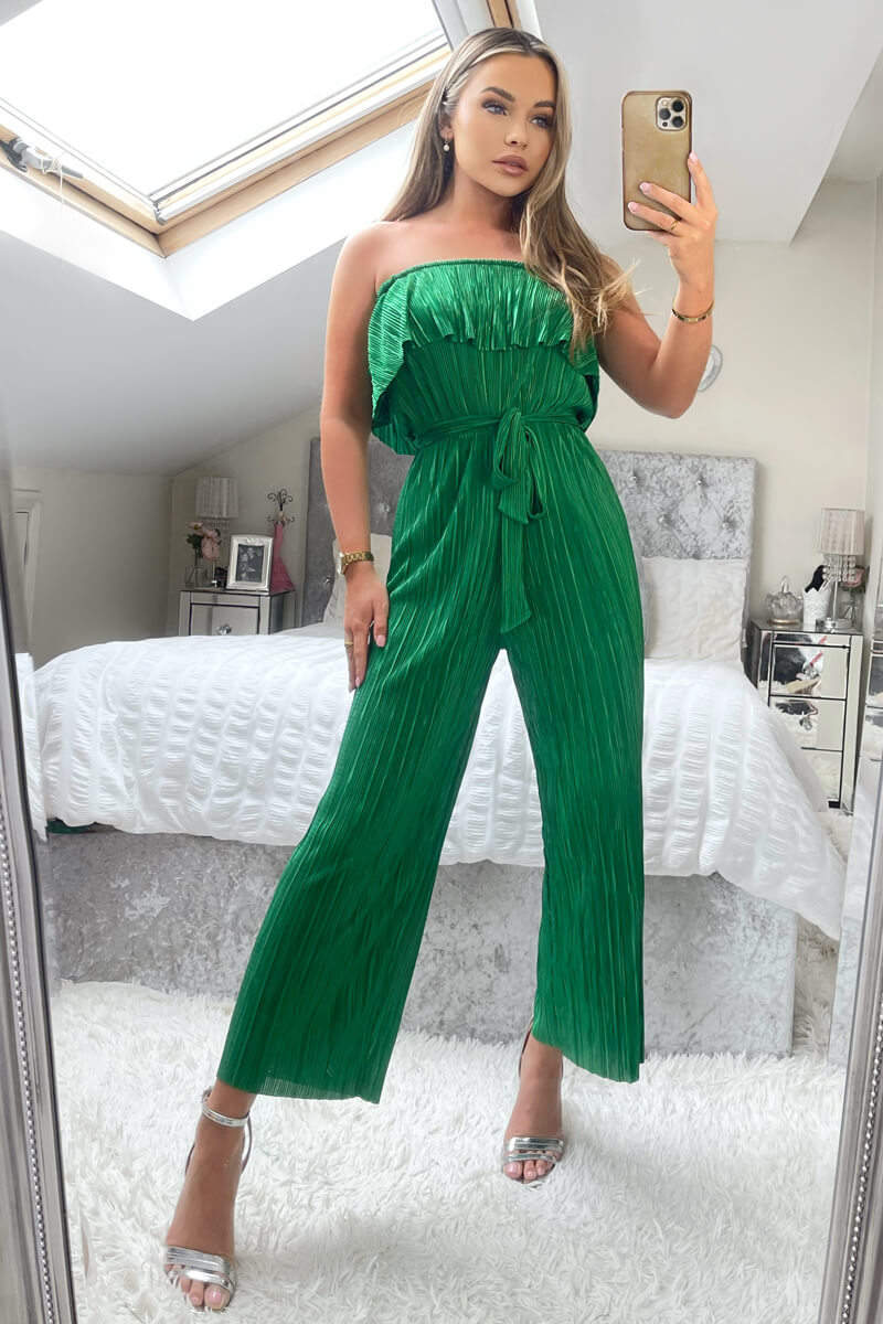 Kikodress - Jade Green Plisse Bardot Jumpsuit