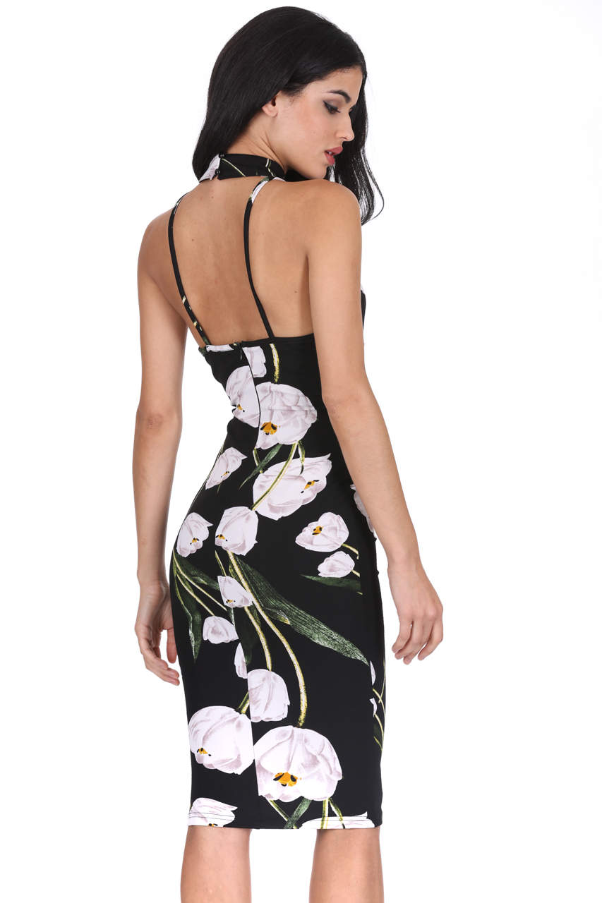 Kikodress - Black Choker Floral Midi Dress